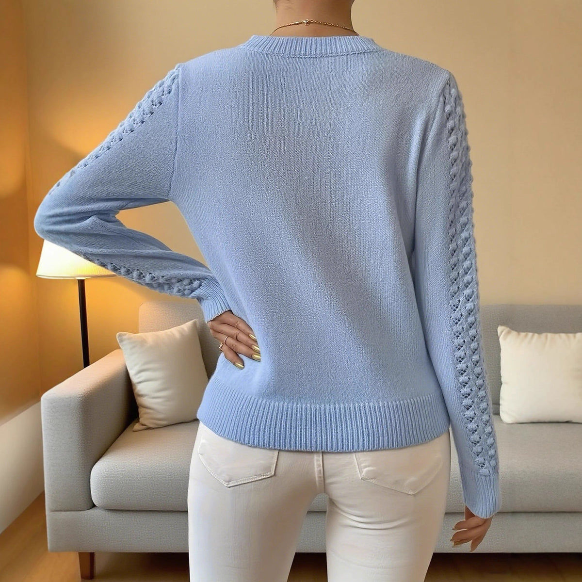 Solid Color Hollow Elegant Round Neck Long Sleeve Sweater
