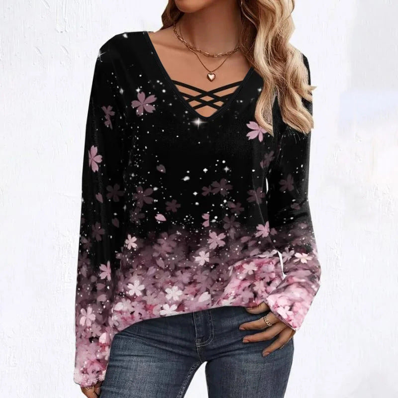 Plus Size Floral Cross-Collar T-Shirt