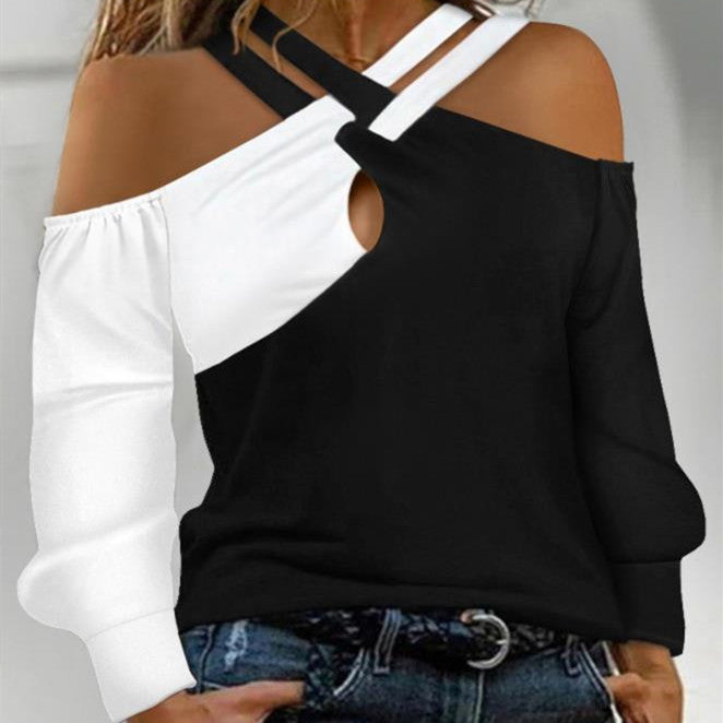Chic Colorblock Cross-Belt Casual Women's Top