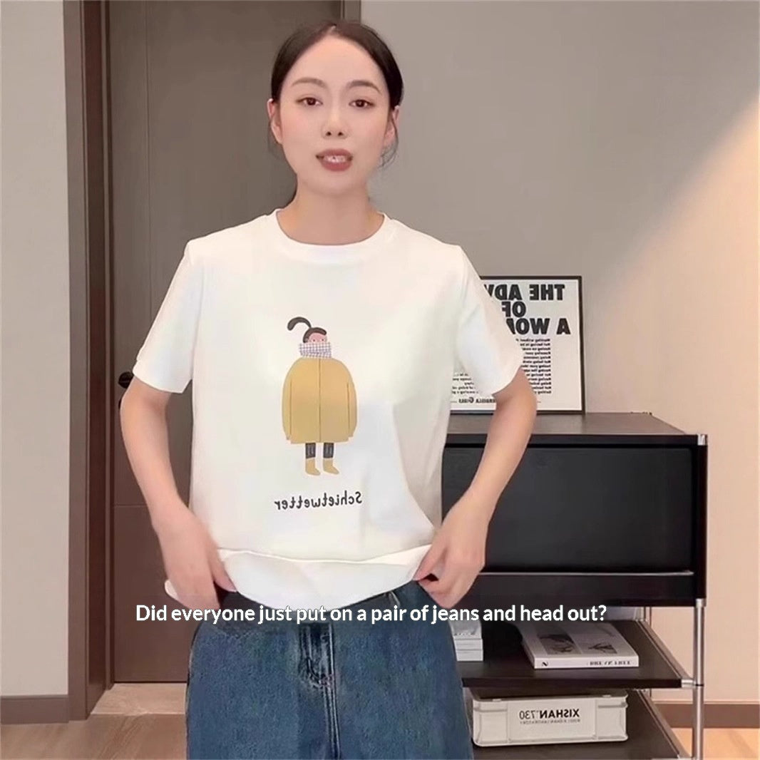 Youthful Print Crew‑Neck Short Sleeve Top – Relaxed Fit