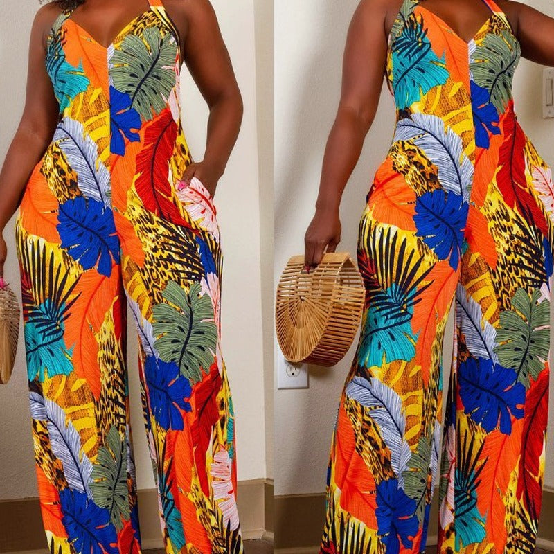 Women's Leaf Print V-Neck Sleeveless Jumpsuit