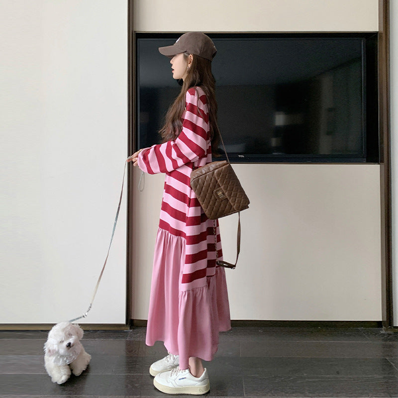 Maternity Striped Patchwork Sweatshirt Dress