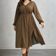 Elegant V-neck Leopard-print Long-sleeve Dress