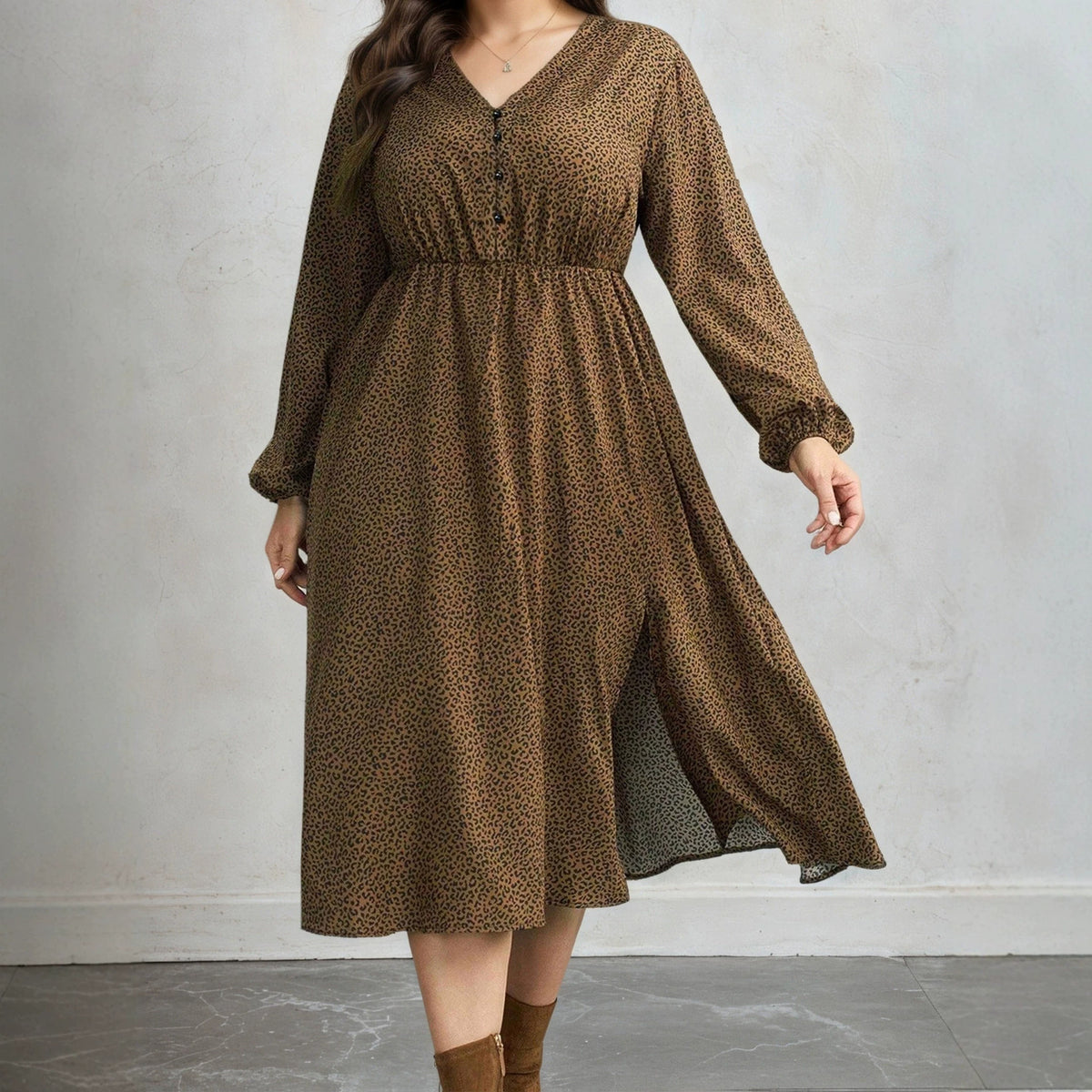 Elegant V-neck Leopard-print Long-sleeve Dress