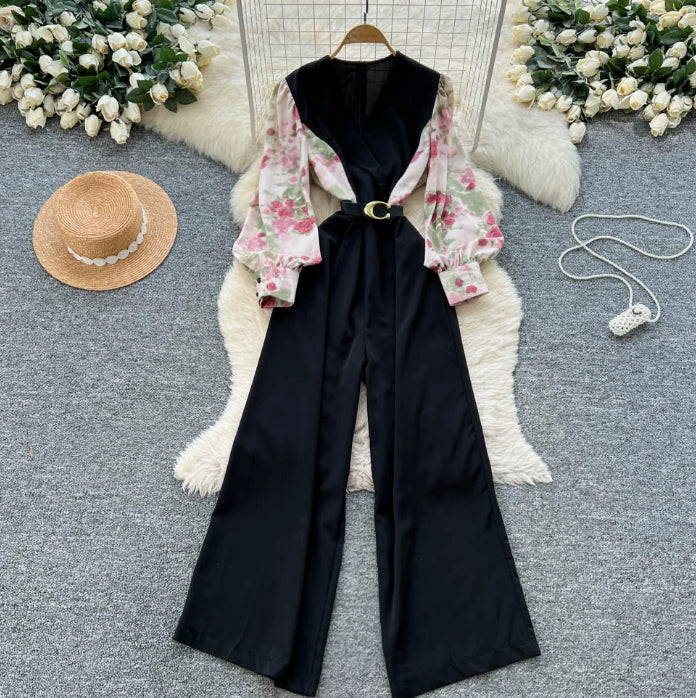 Elegant Floral Patchwork Long-Sleeve Jumpsuit