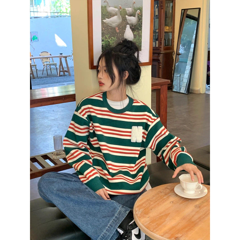 Retro Letter Embroidered Striped Casual Pullover Sweater