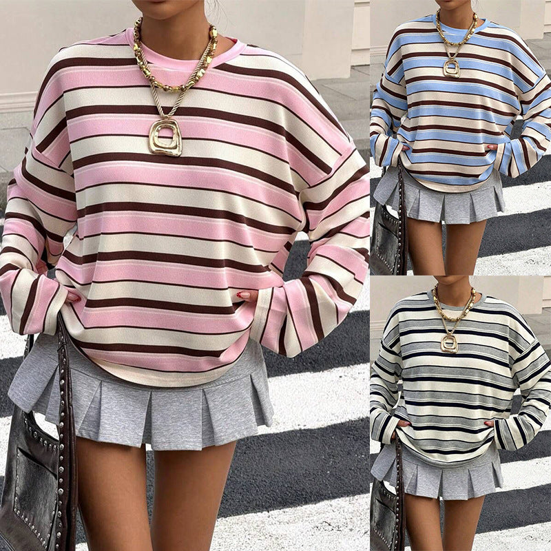 Colorblock Striped Crewneck Pullover Sweatshirt for Women