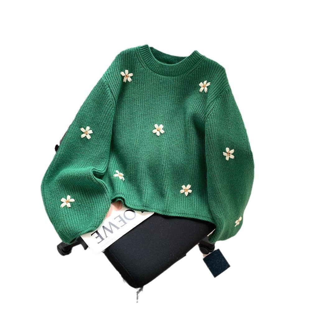Loose and Lazy Style High-grade Korean Style Vintage Embroidered Flower Pullover Sweater