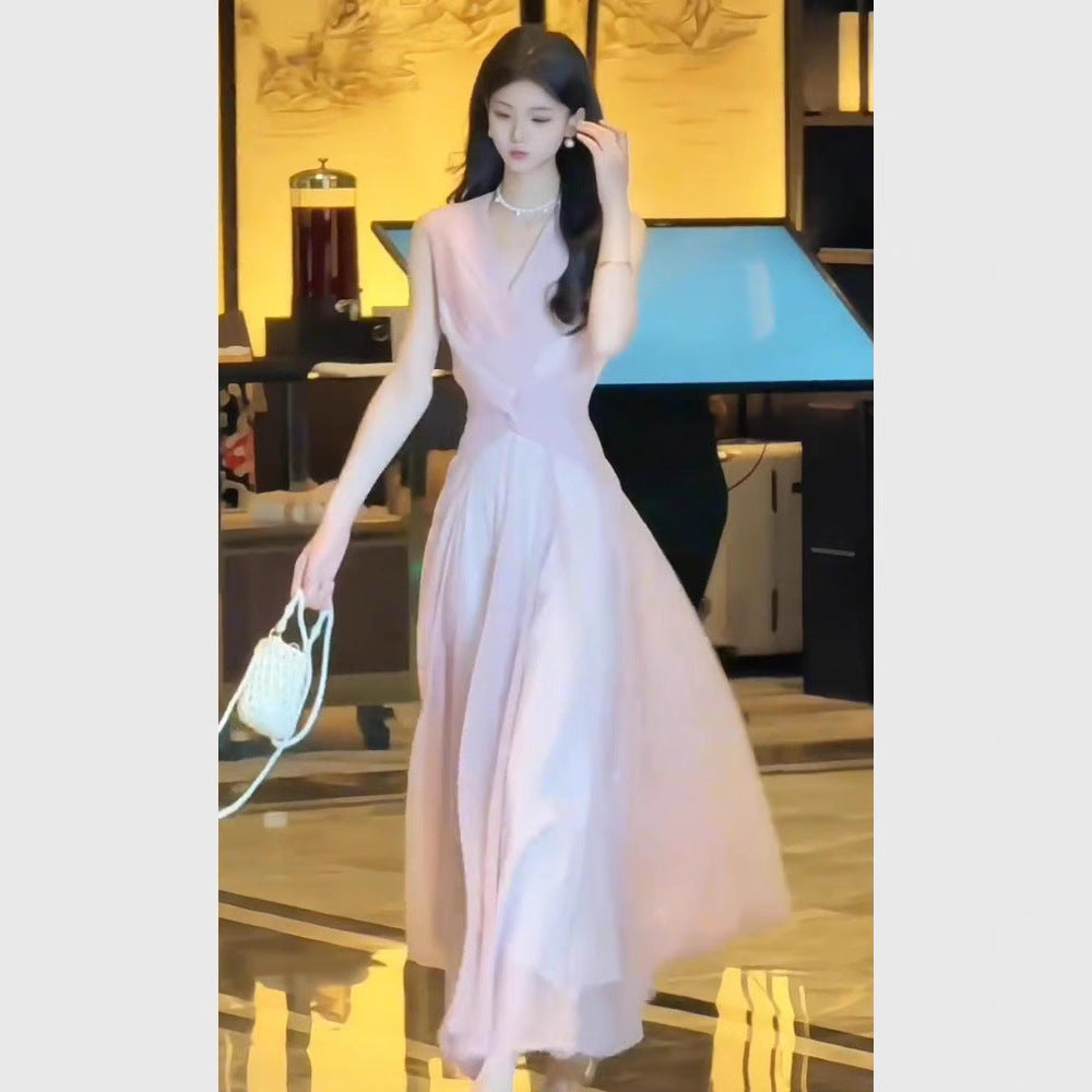 Elegant French Hepburn Sleeveless Knot A-Line Dress