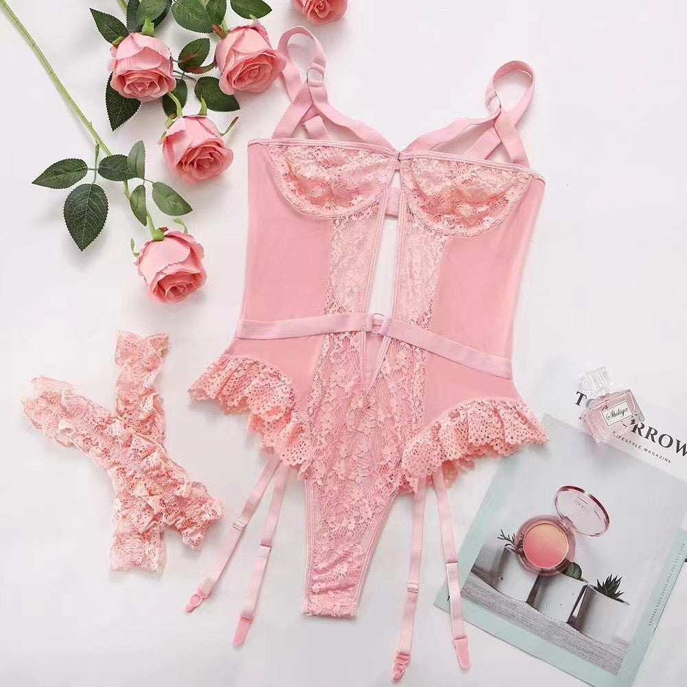 Sexy 3-Piece Lace Bodysuit Lingerie Set
