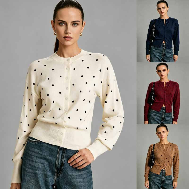 Round-neck Polka-dot Jacquard Vintage Casual Knit Cardigan