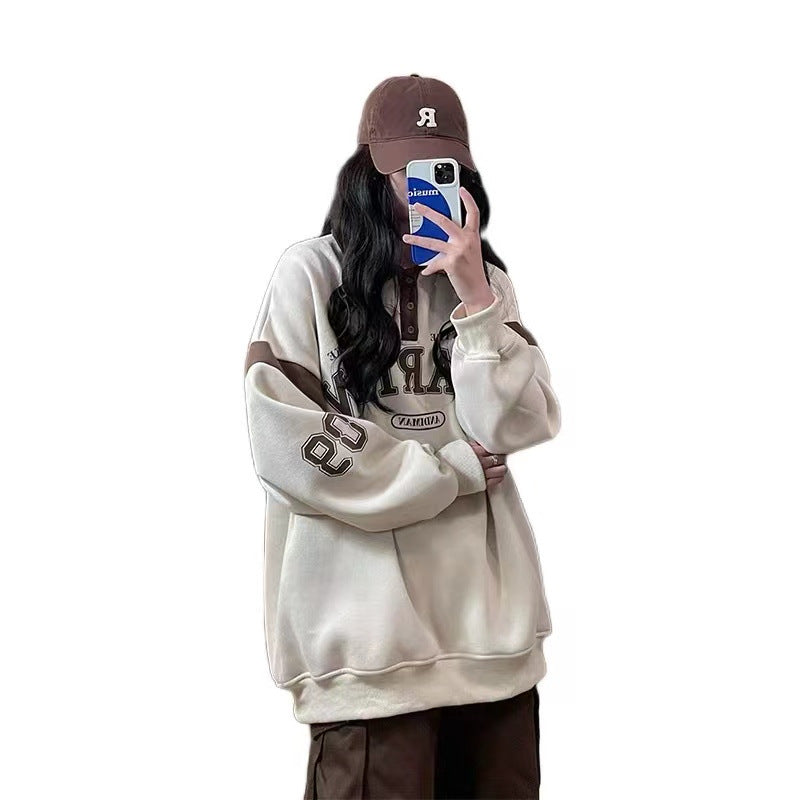 American Retro Contrast-color Stitching Sweatshirt Loose Casual Top