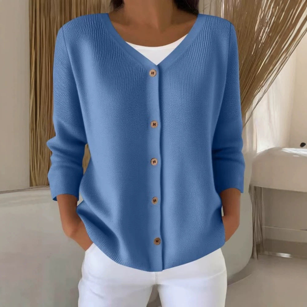Womens Knitted Sweater V-neck Button-up Cardigan Womens Top