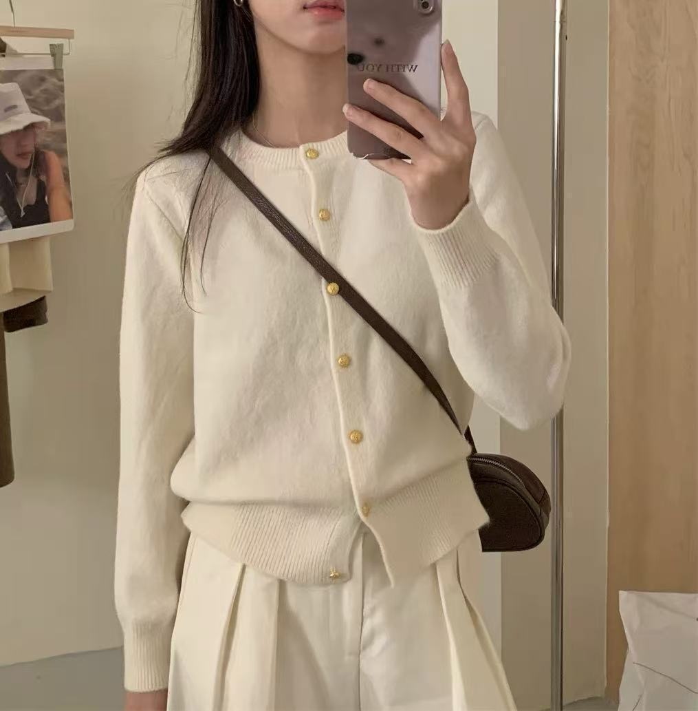 Versatile Solid-colored Cardigan Sweater Coat with Small Gold Buttons