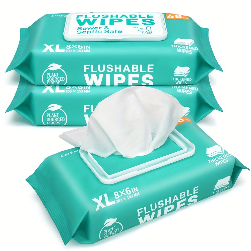 Extra Large Flushable Wet Wipes, Plant-Based and Septic Safe, 3 or 6 Packs of 48 Count
