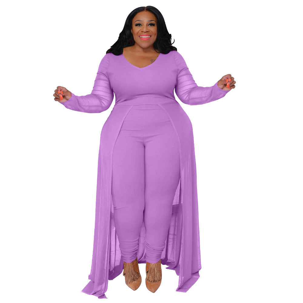 Women's Plus Size Stretch Long Sleeve Pocket Jumpsuit