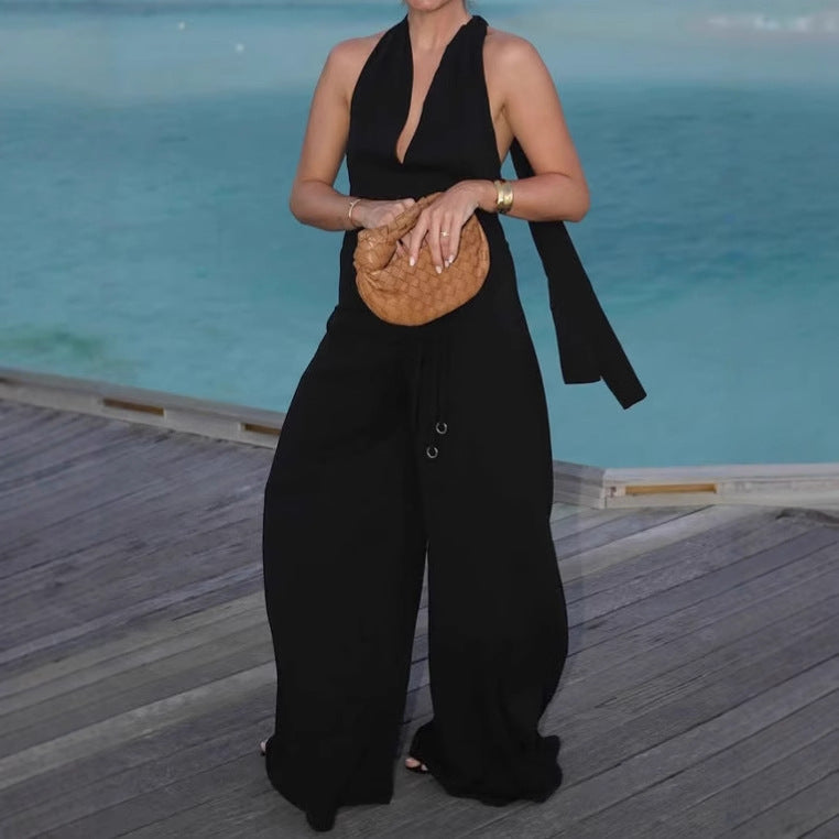 Elegant V-Neck Halter Wide-Leg Jumpsuit