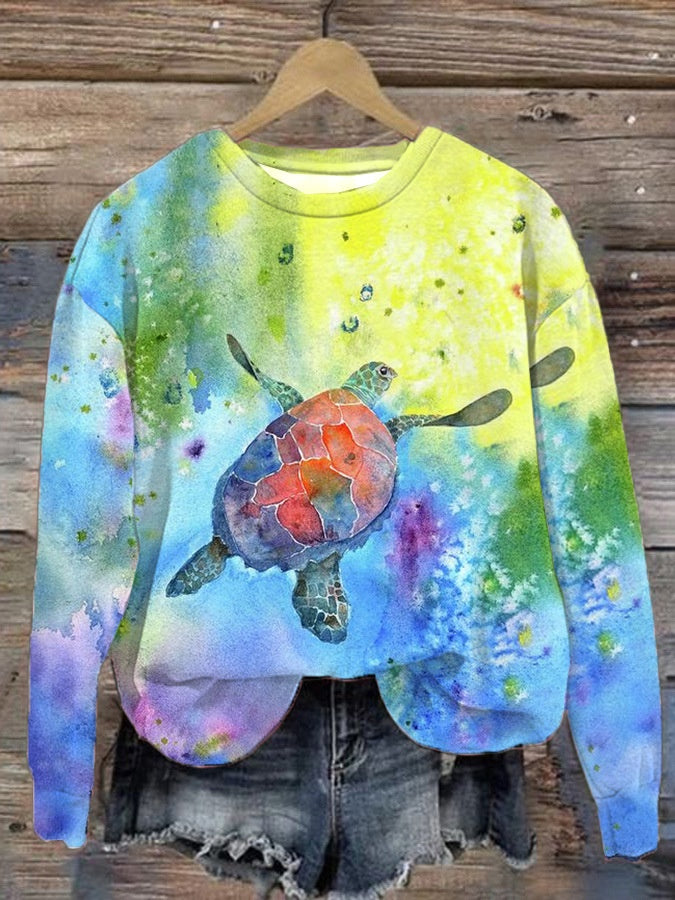 Trendy Digital Print Drop-Shoulder Long-Sleeve Sweater