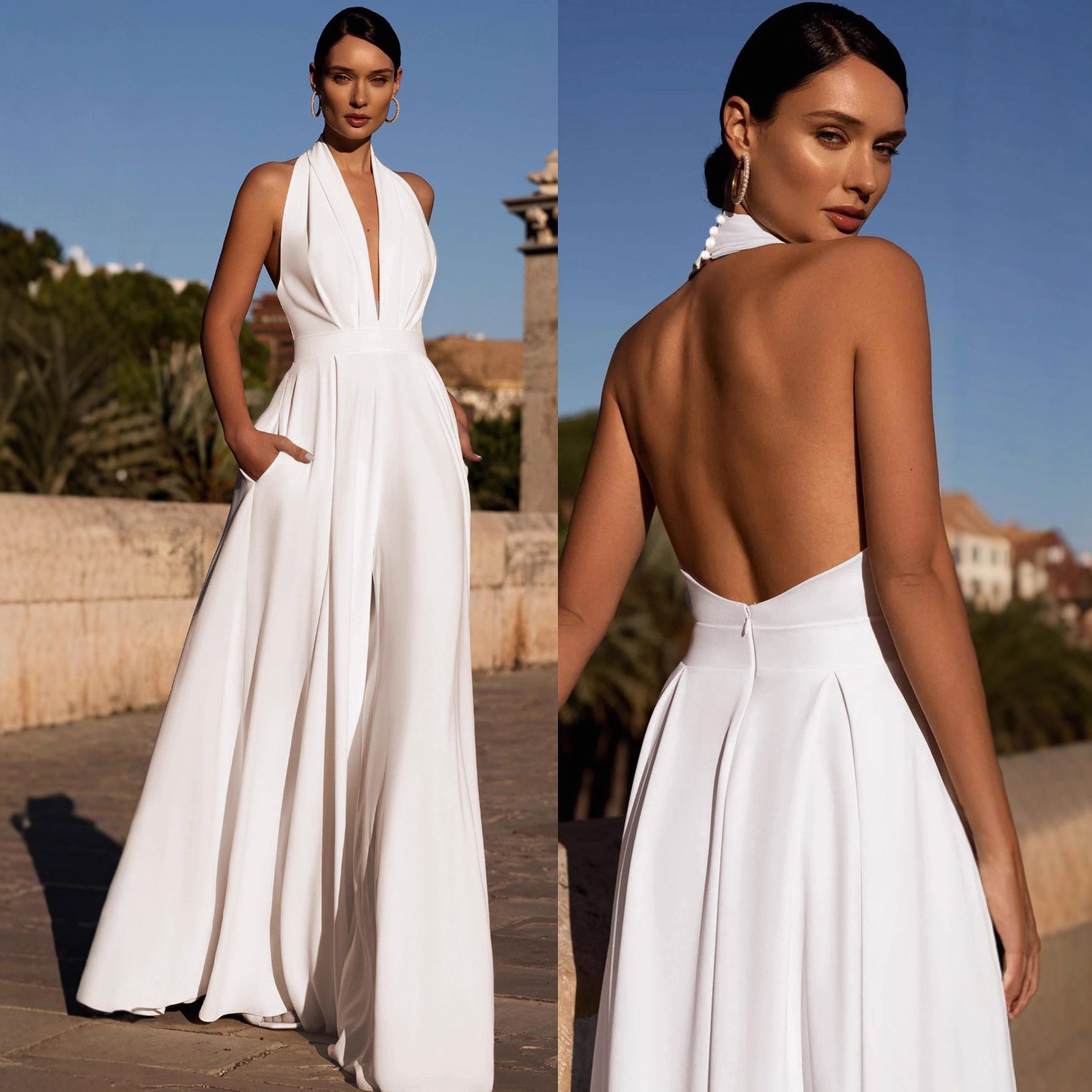 Elegant Halter V-Neck Wide Leg Jumpsuit with Pockets