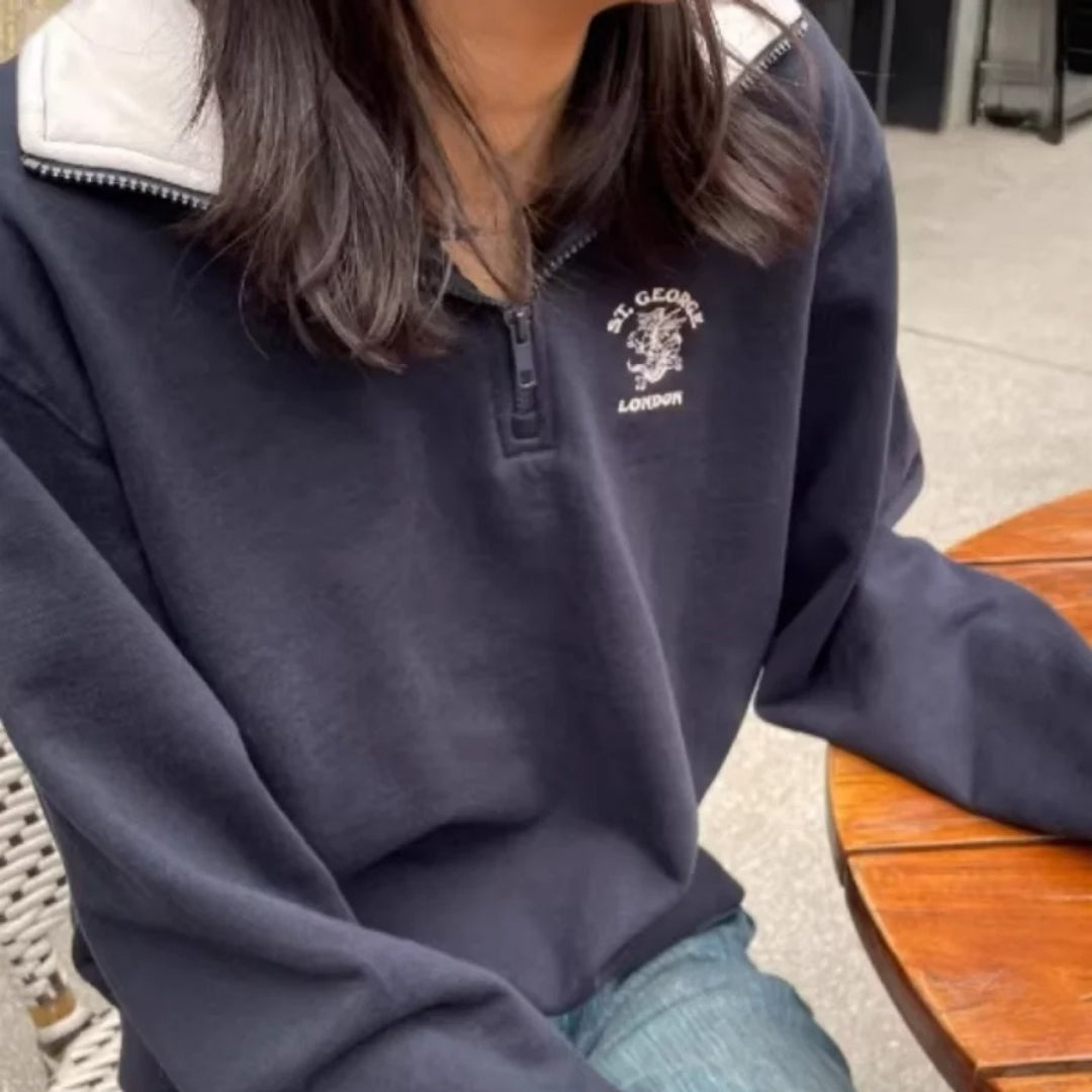 Vintage Embroidered Half-Zip Stand Collar Women's Sweater