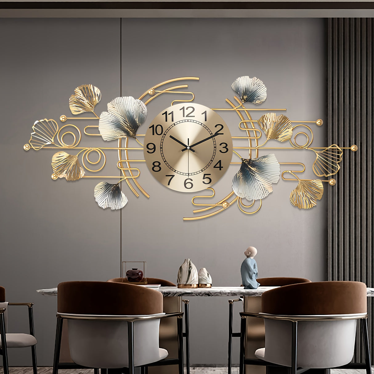 Large Hanging Clock for Living Room Decoration, Ginkgo Leaf Decorative Hanging Clock, Modern Silent Non-Ticking Clock, Suitable for Bedroom Entrance 38*17 Inches