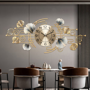 Large Hanging Clock for Living Room Decoration, Ginkgo Leaf Decorative Hanging Clock, Modern Silent Non-Ticking Clock, Suitable for Bedroom Entrance 38*17 Inches
