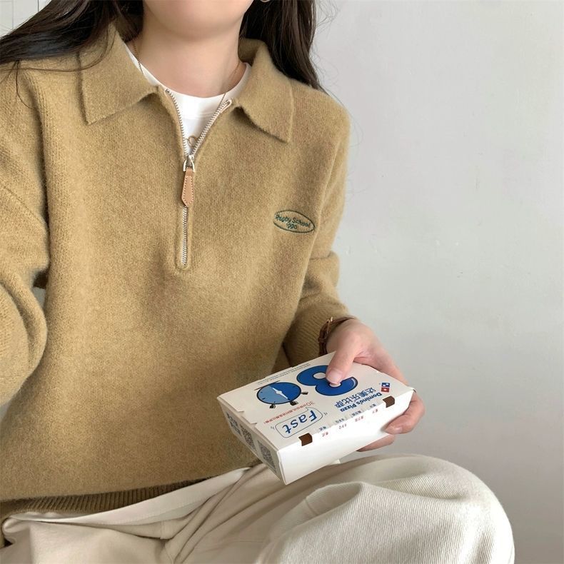 Korean Chic Polo Zipper Knit Sweater