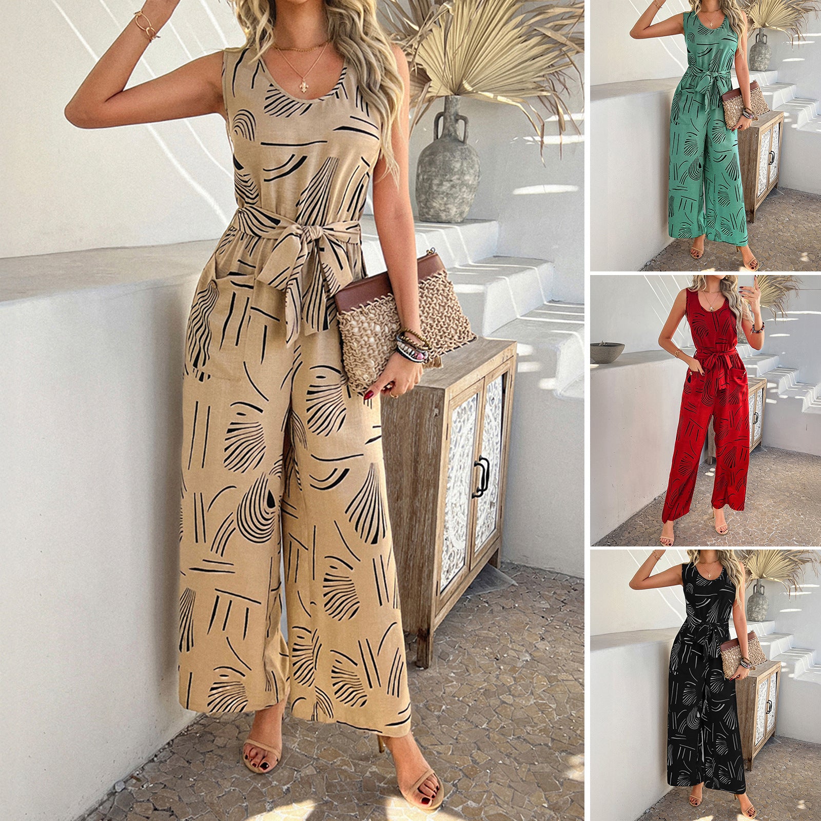 Casual Resort-Style Rayon Printed High-Waisted Jumpsuit With Pockets