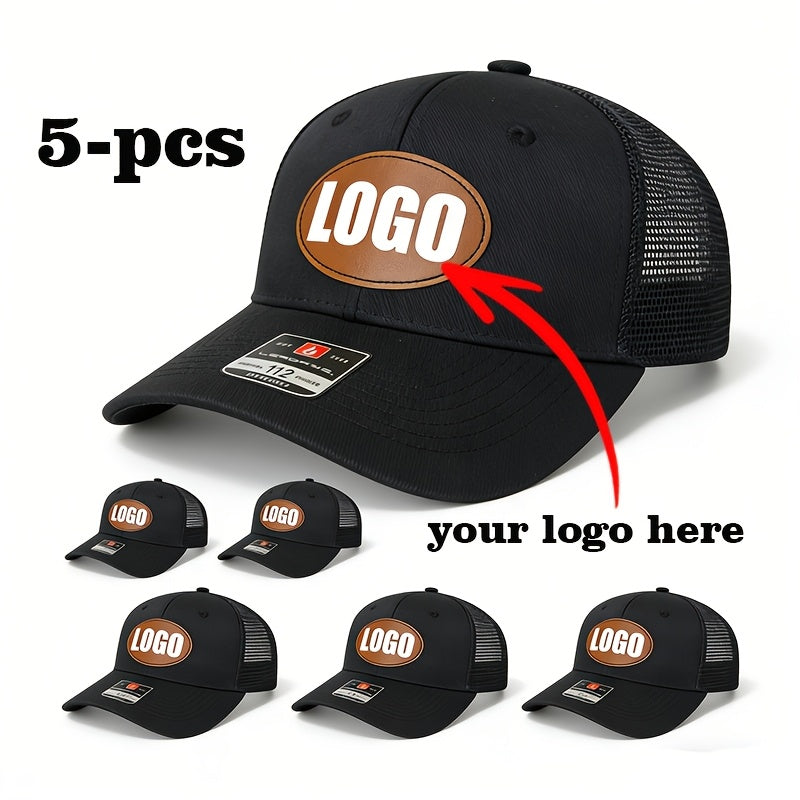 Set of 5 Tan Mesh Baseball Caps with Oval Logo – Snap‑Back Adjustable, 100% Polyester