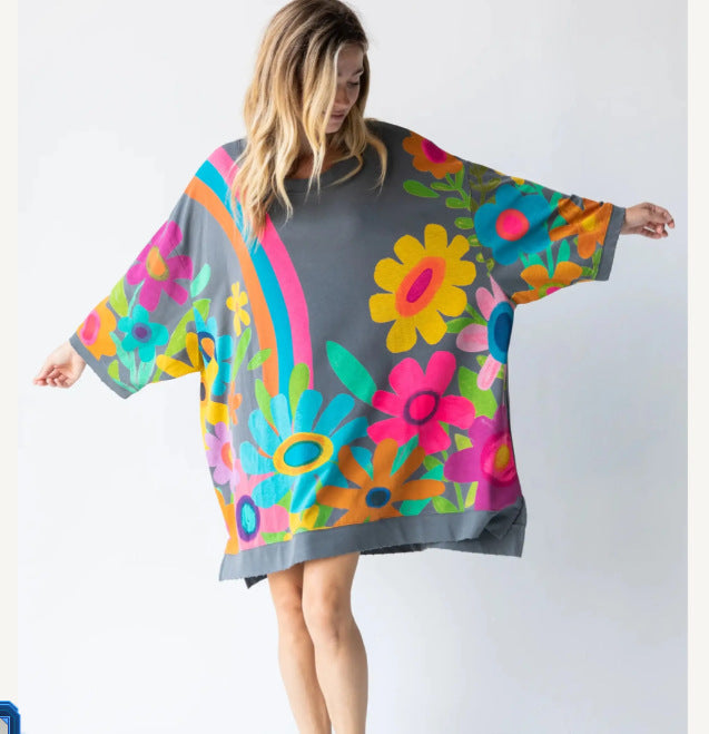 Cozy Rainbow Printed Oversized Crew Neck Sweatshirt