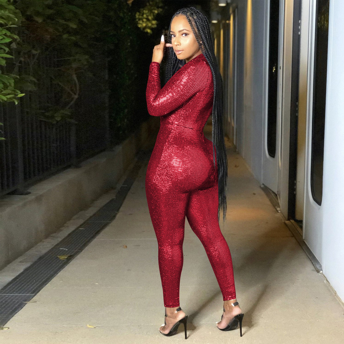 Women's Deep V-Neck Metallic Jumpsuit