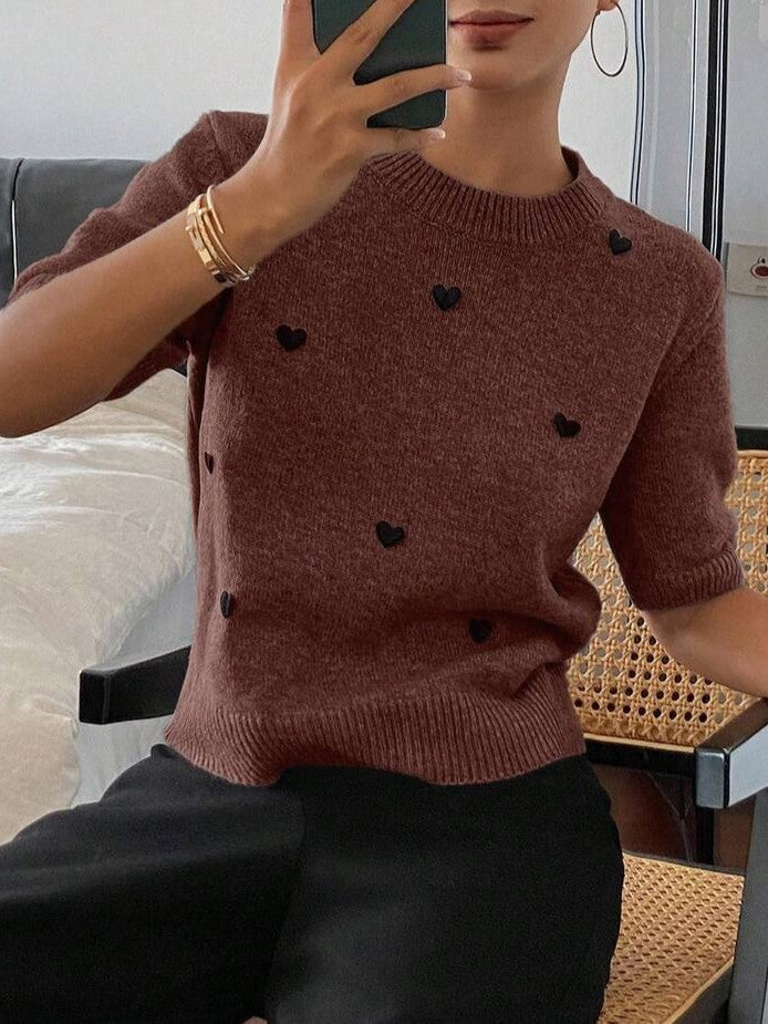 Womens Crew-neck Pullover Heart Jacquard Knitted Sweater