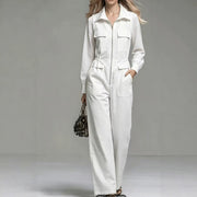Womens White Long-sleeve Jumpsuit With A Lapel And Zipper