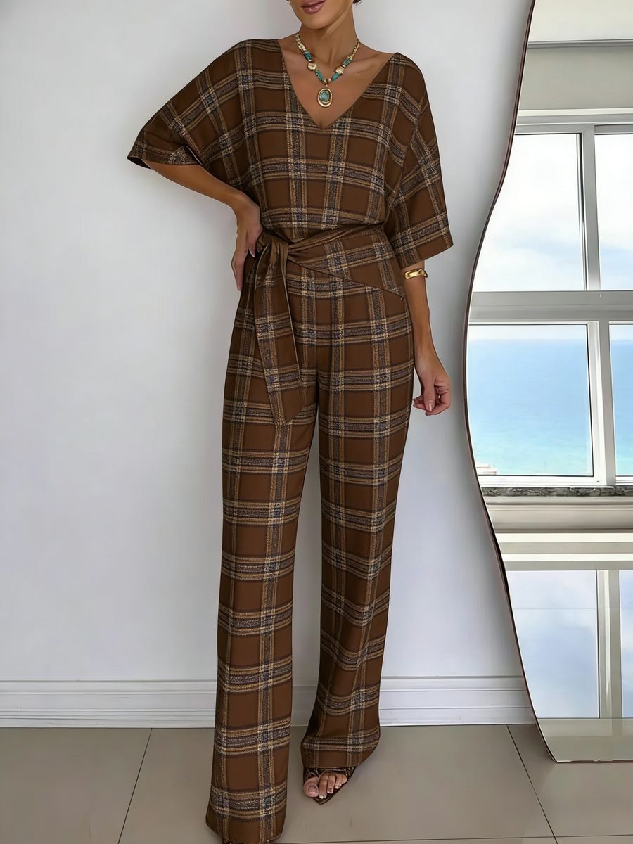 Womens V-neck Casual Mid-length Sleeve Belted Jumpsuit