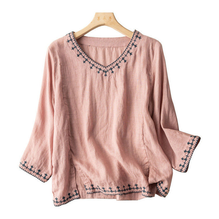 Embroidered Cotton Linen V-Neck Top