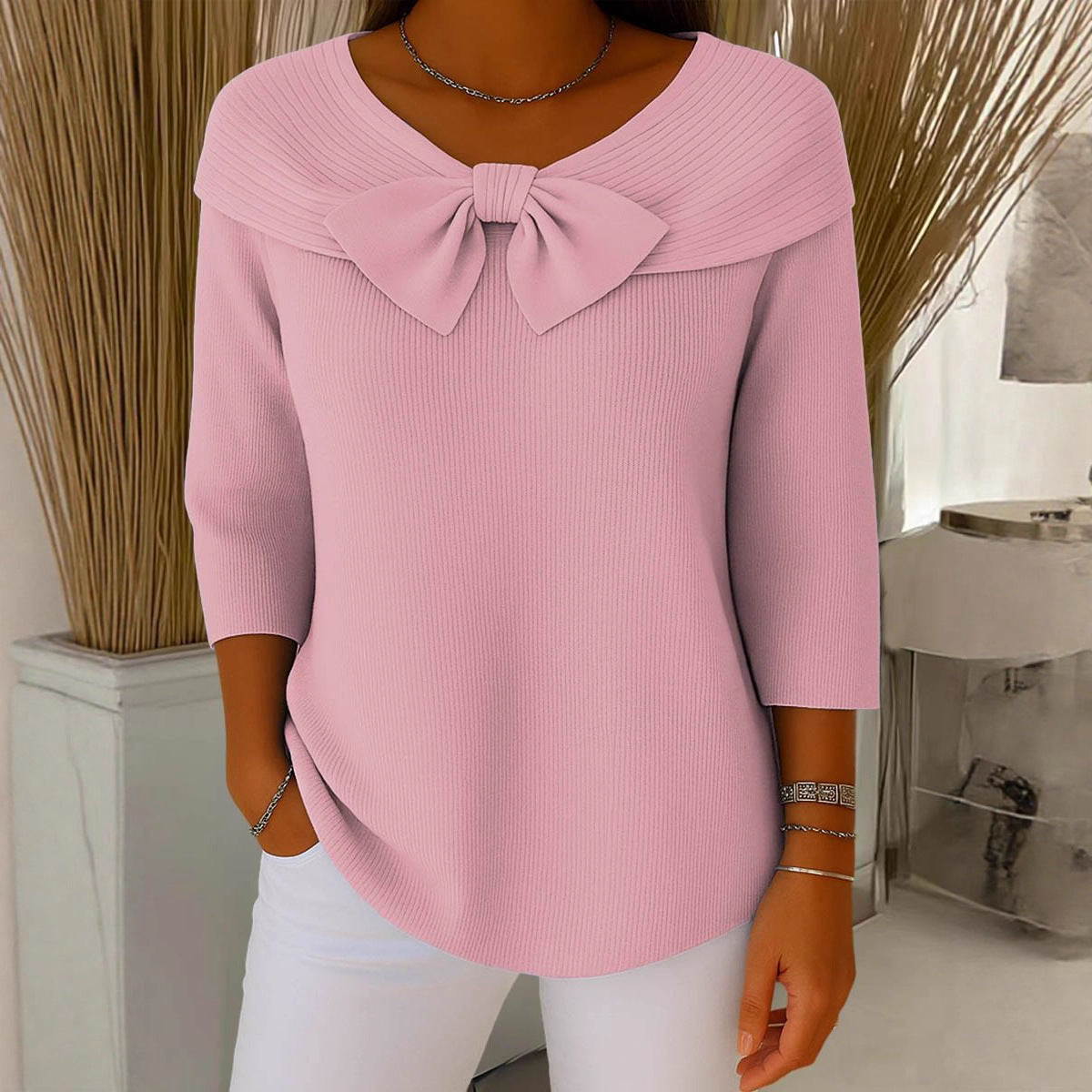 Knitted Bow Solid Color Sweater Autumn and Winter