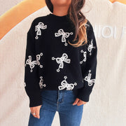 Contrast Color Bow Casual Loose Knitted Round Neck Sweater