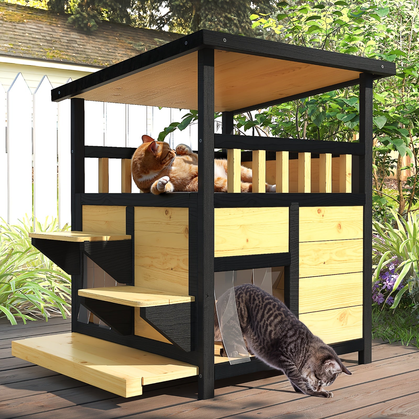 Two-Story Outdoor Cat House & Small/Medium Dog Condo - Wood Multi-Level Shelter With Enclosed Lower Level, Ramp Access, Large Entrance Door & Slatted Ventilation - Sturdy Elevated Pet Habitat For B...