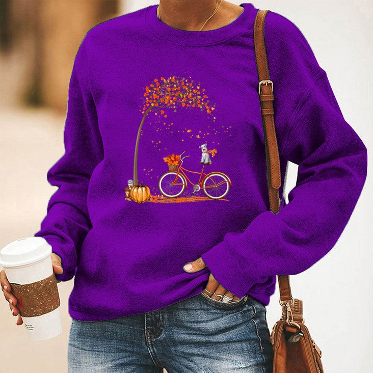 Women's Bicycle Print Fleece Long Sleeve Crew Neck Sweater
