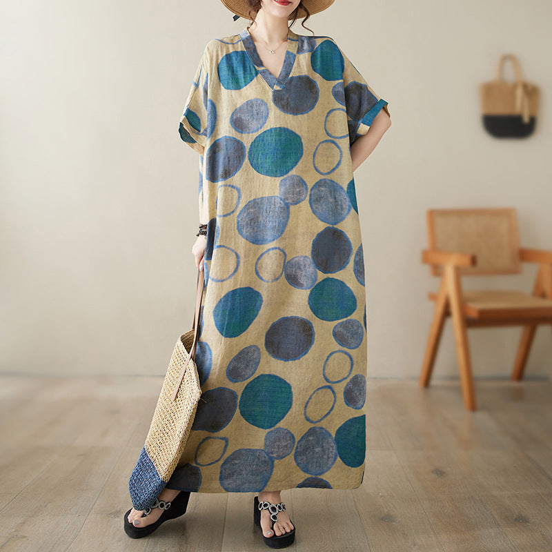 Womens Retro Loose V-neck Cotton-linen Plus-size Long Dress
