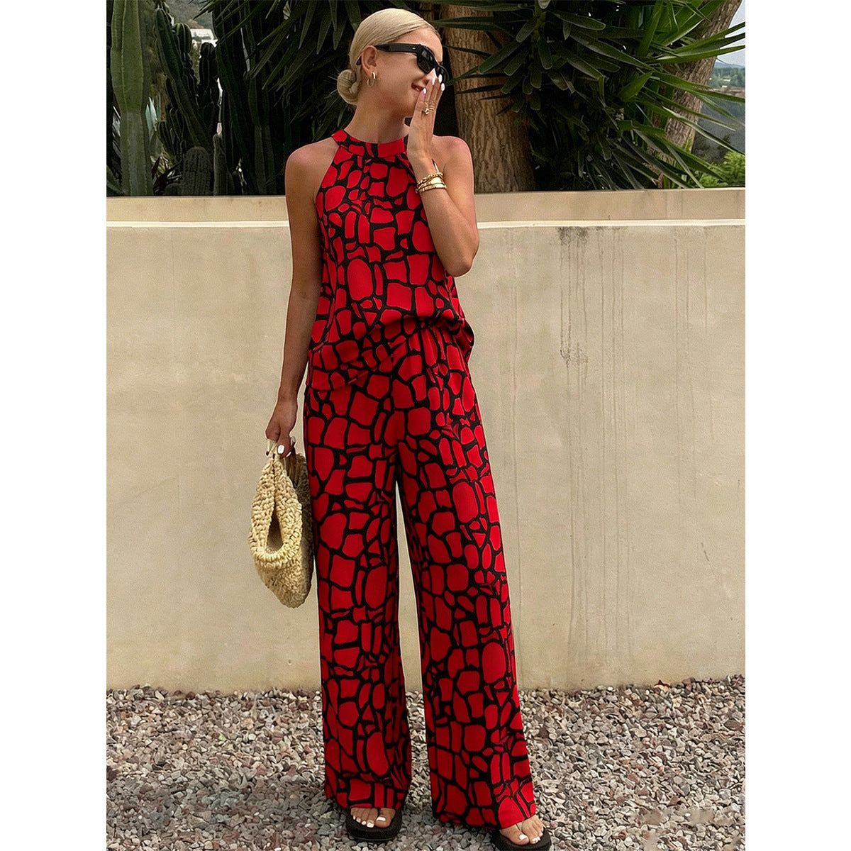 Boho Floral Print Halter Neck Loose Casual Jumpsuit