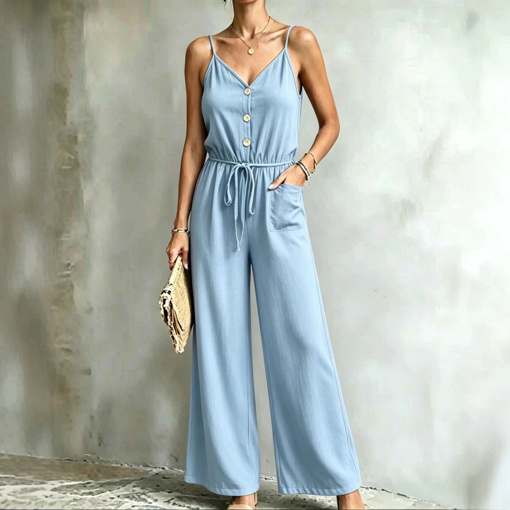Womens Solid-color Casual Belted Strap Jumpsuit