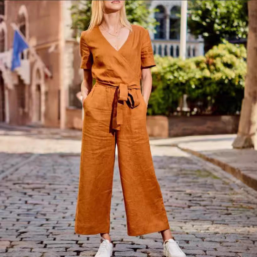 Color-Block Casual Loose-Fit Wide-Leg Jumpsuit