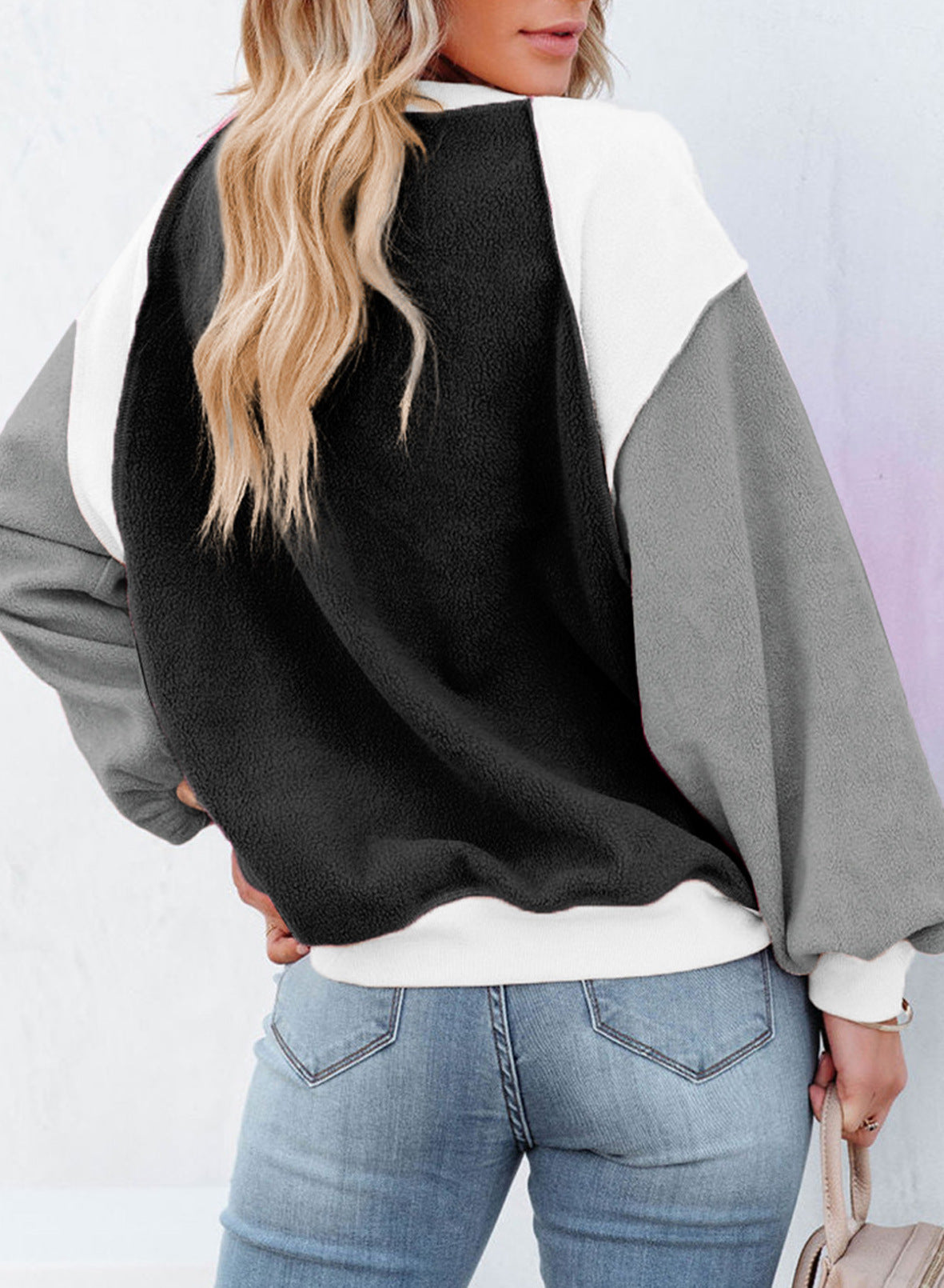 Cozy Colorblock Fleece Lantern Sleeve Pullover Top