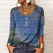 Geometric Floral U-Neck Long-Sleeve Button Tee