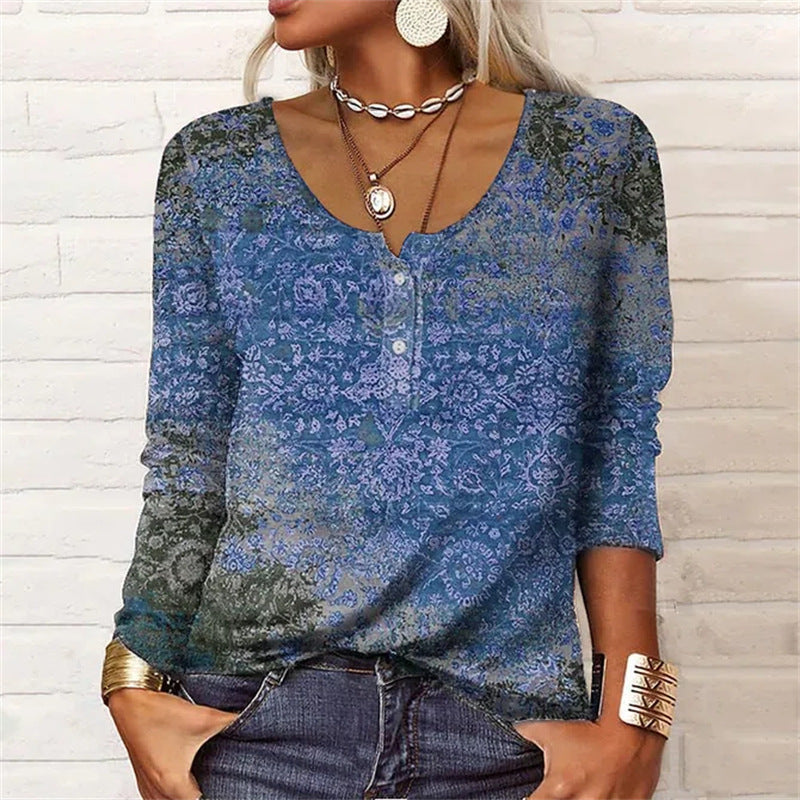 Geometric Floral U-Neck Long-Sleeve Button Tee