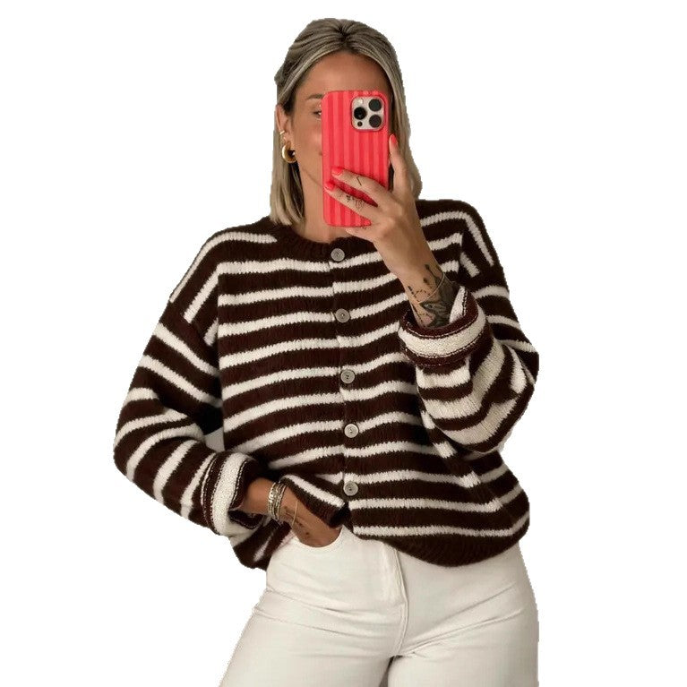 Long Sleeve Striped Color Block Women's Fashion Round Neck Casual Sweater
