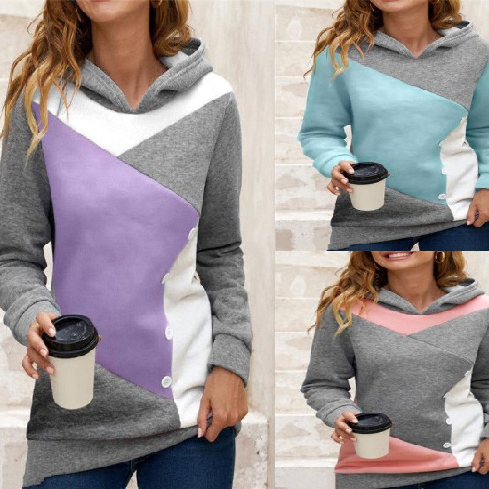 Color Block Fleece Hooded Sweatshirt for Women