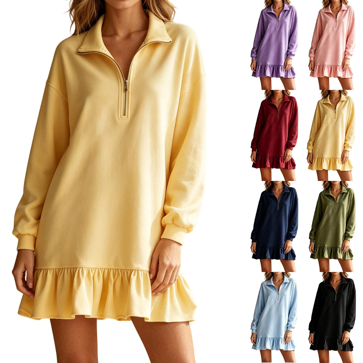 Women's Half Zip Polo Collar Long Sleeve Solid Dress