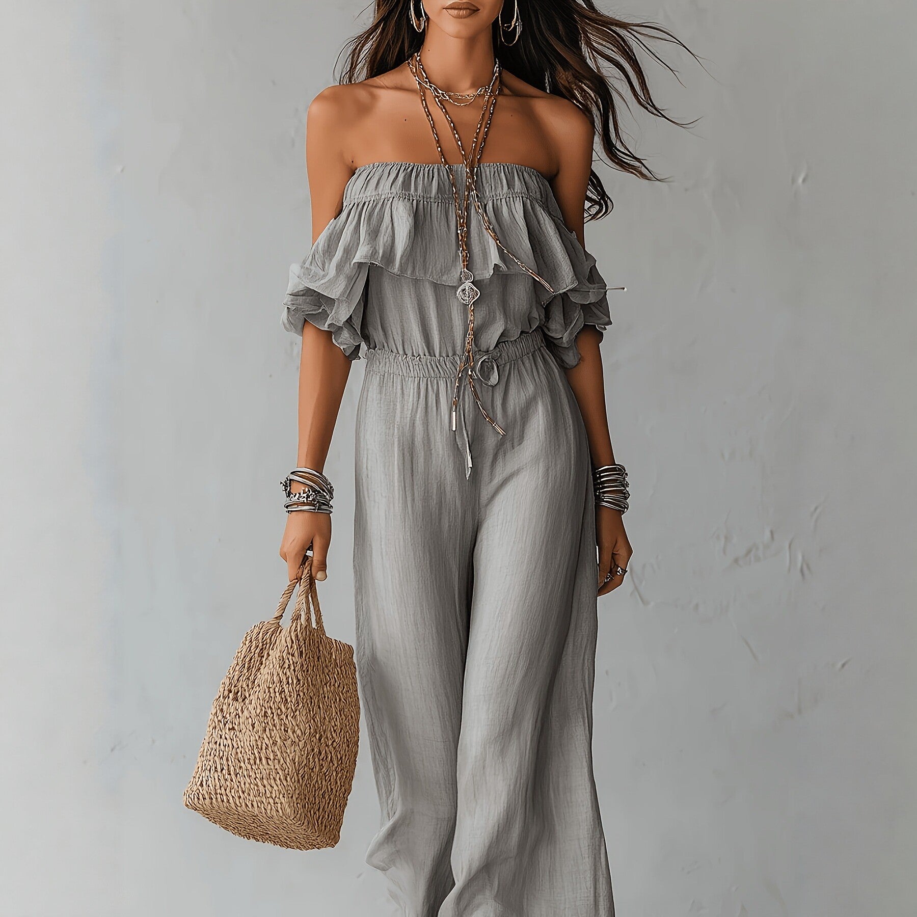 European And American Resort-style Off-shoulder Ruffled Jumpsuit